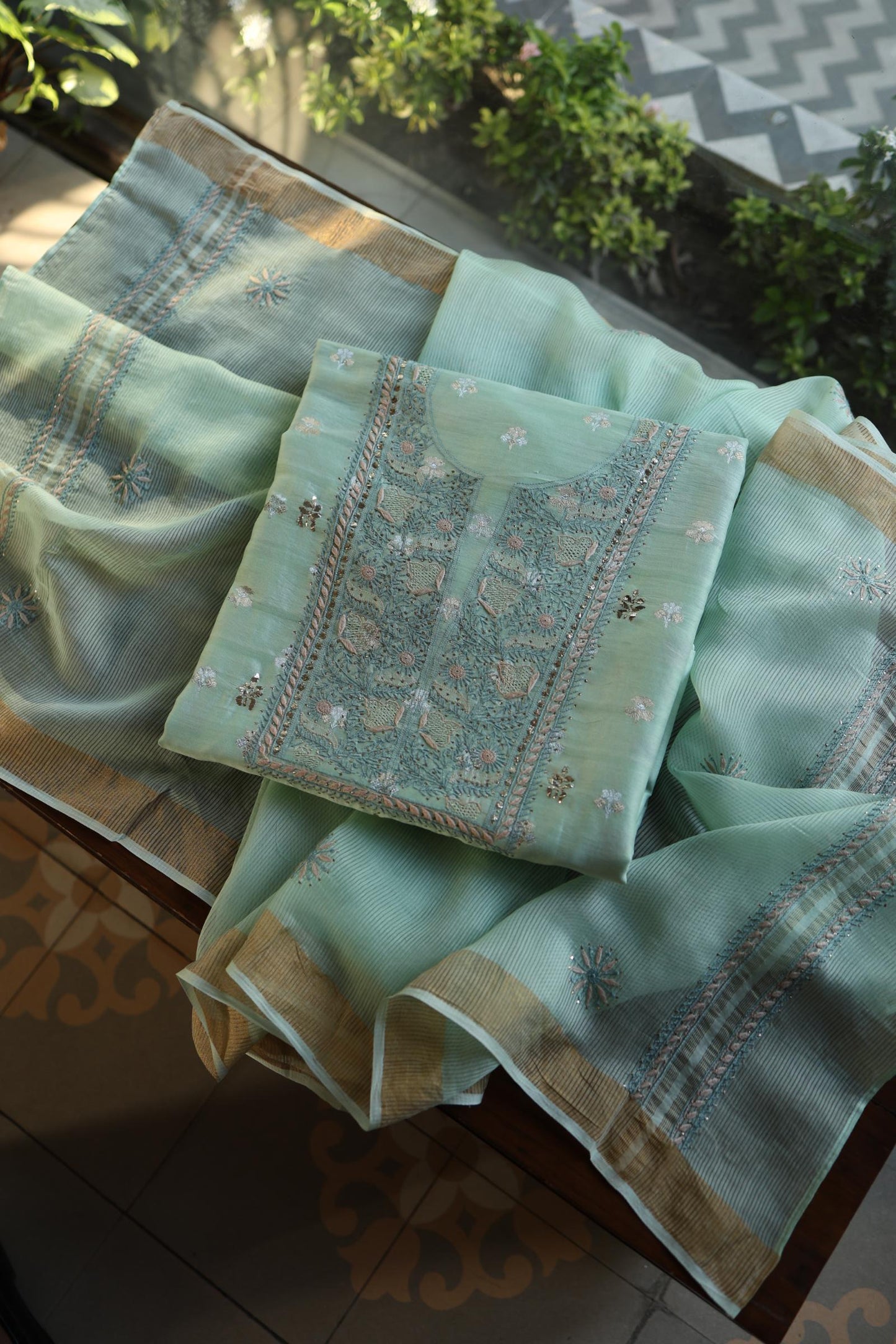 Sea Green Shade Zari Booti Fine Chikankari With Kamdani Work Unstitched Fabric