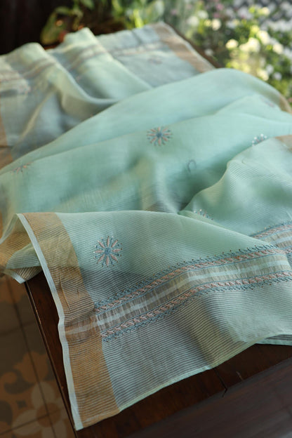 Sea Green Shade Zari Booti Fine Chikankari With Kamdani Work Unstitched Fabric