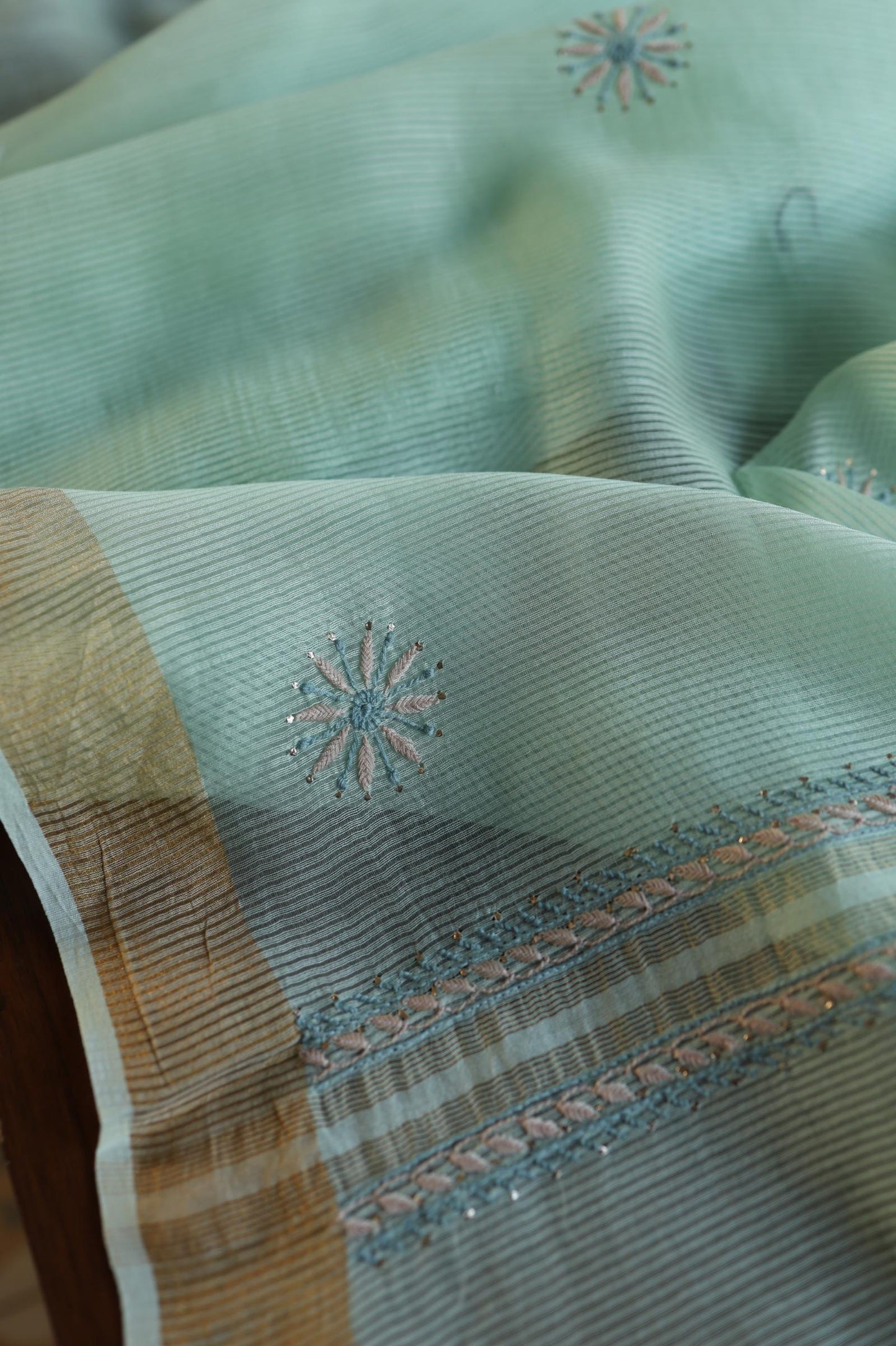 Sea Green Shade Zari Booti Fine Chikankari With Kamdani Work Unstitched Fabric