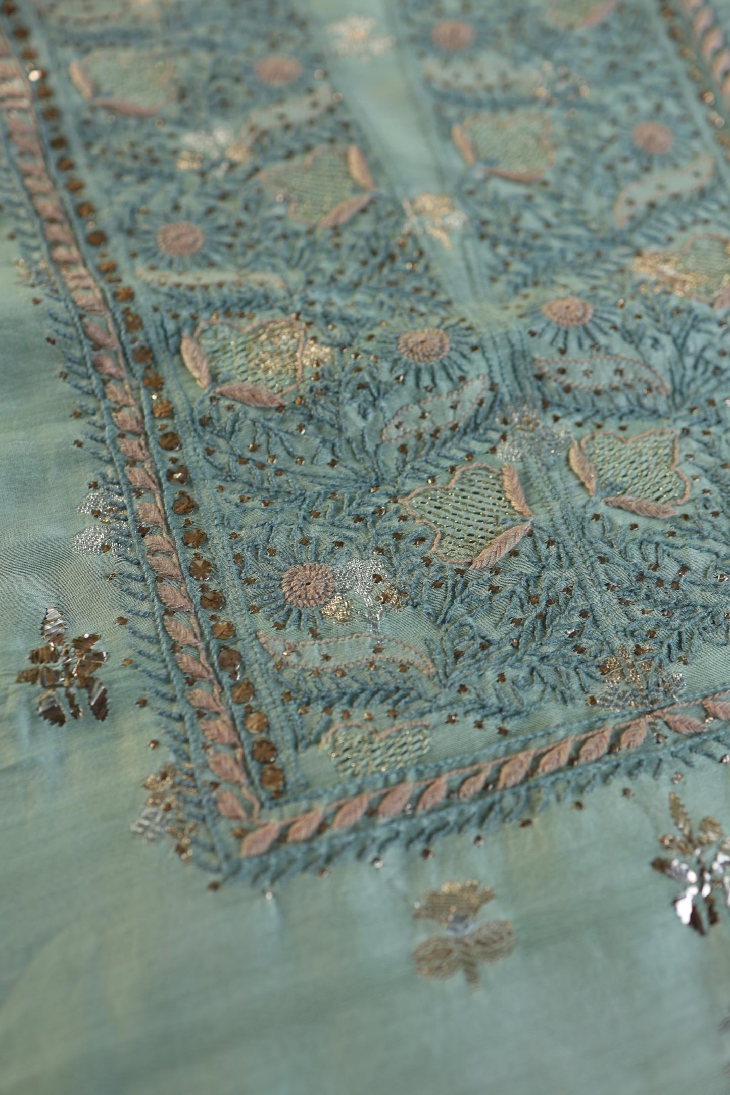 Sea Green Shade Zari Booti Fine Chikankari With Kamdani Work Unstitched Fabric