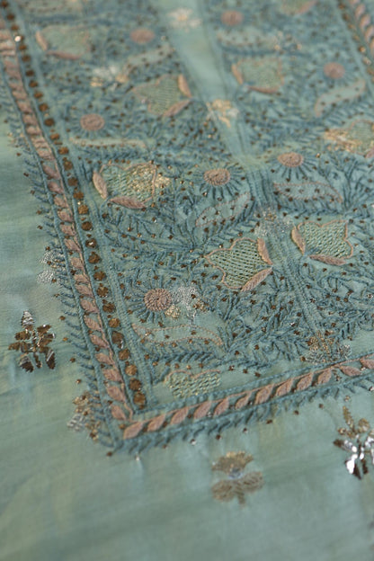 Sea Green Shade Zari Booti Fine Chikankari With Kamdani Work Unstitched Fabric