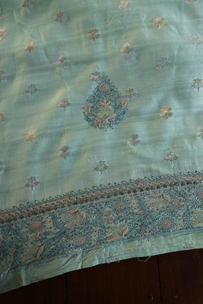 Sea Green Shade Zari Booti Fine Chikankari With Kamdani Work Unstitched Fabric