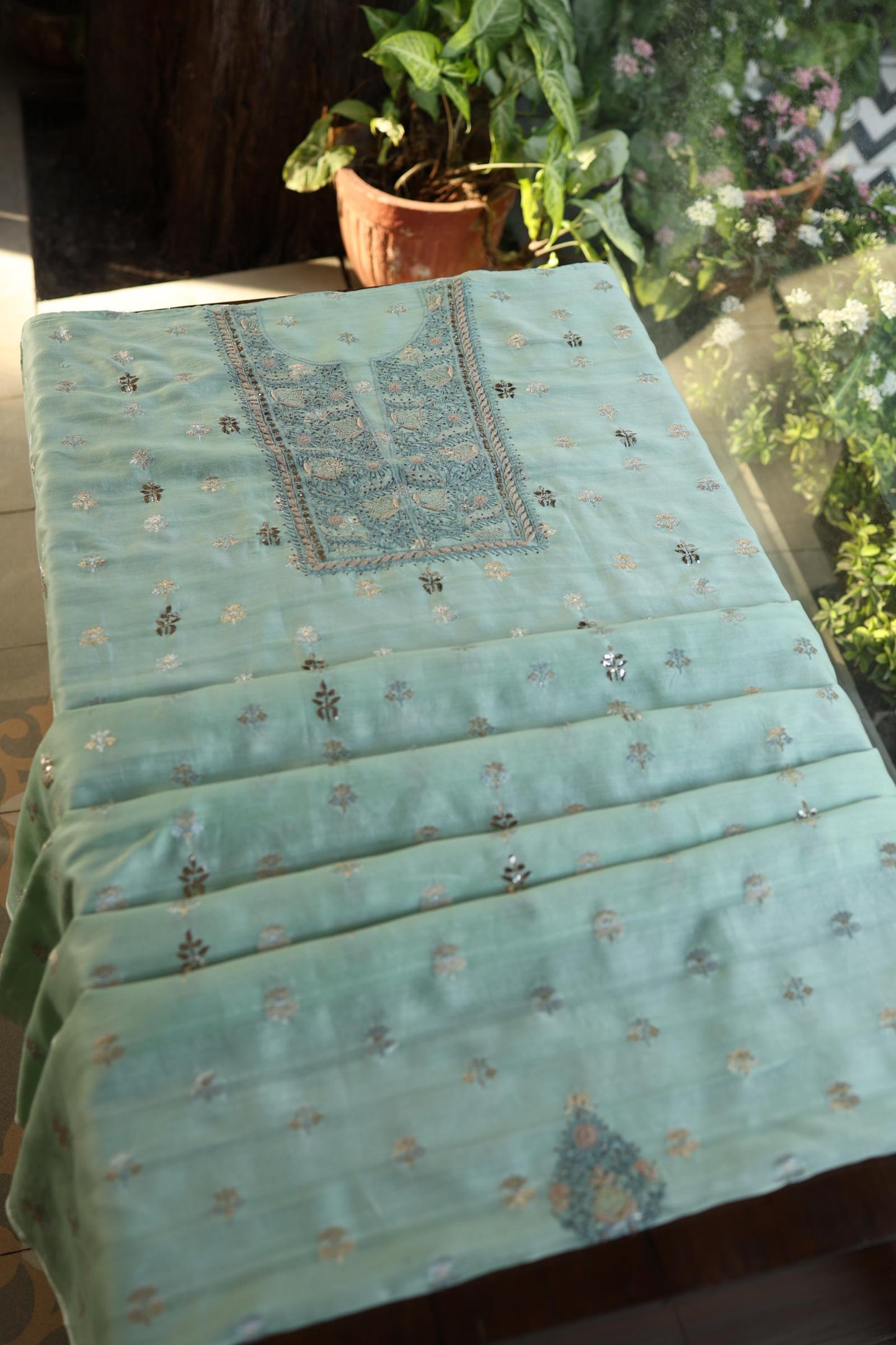 Sea Green Shade Zari Booti Fine Chikankari With Kamdani Work Unstitched Fabric