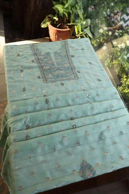 Sea Green Shade Zari Booti Fine Chikankari With Kamdani Work Unstitched Fabric