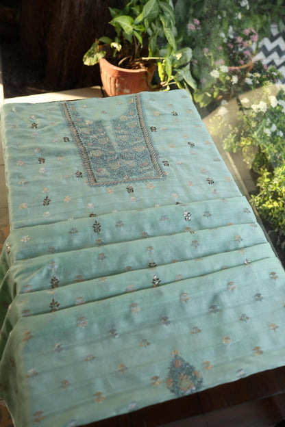 Sea Green Shade Zari Booti Fine Chikankari With Kamdani Work Unstitched Fabric