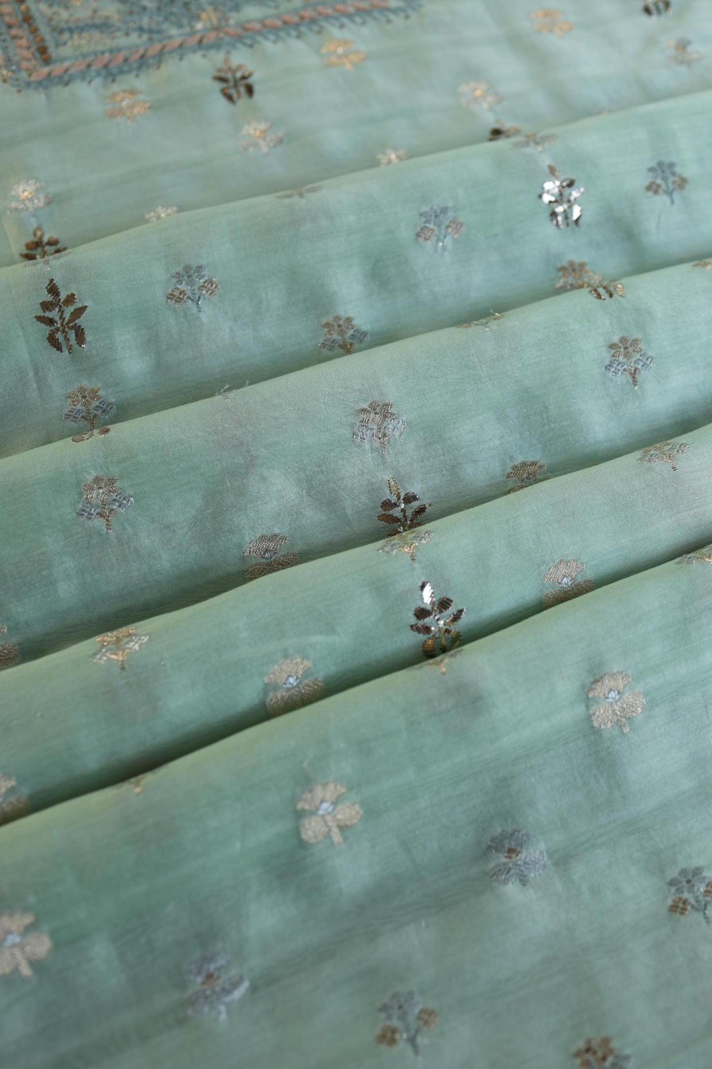 Sea Green Shade Zari Booti Fine Chikankari With Kamdani Work Unstitched Fabric