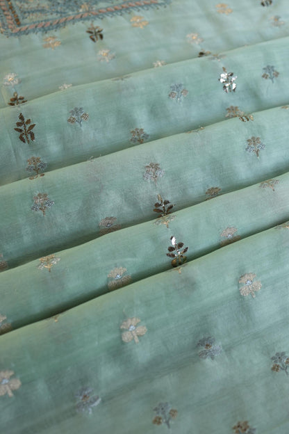 Sea Green Shade Zari Booti Fine Chikankari With Kamdani Work Unstitched Fabric