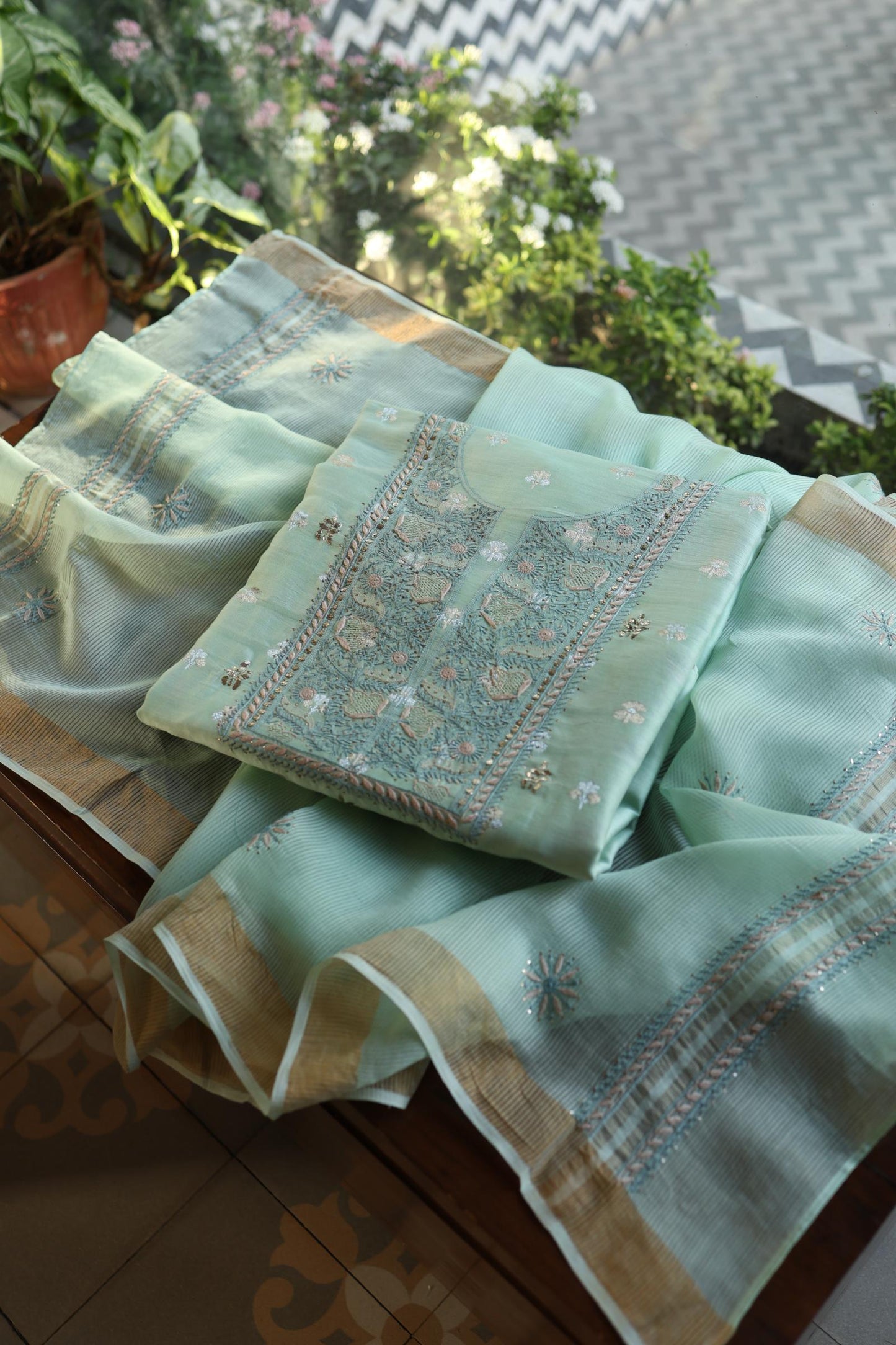 Sea Green Shade Zari Booti Fine Chikankari With Kamdani Work Unstitched Fabric