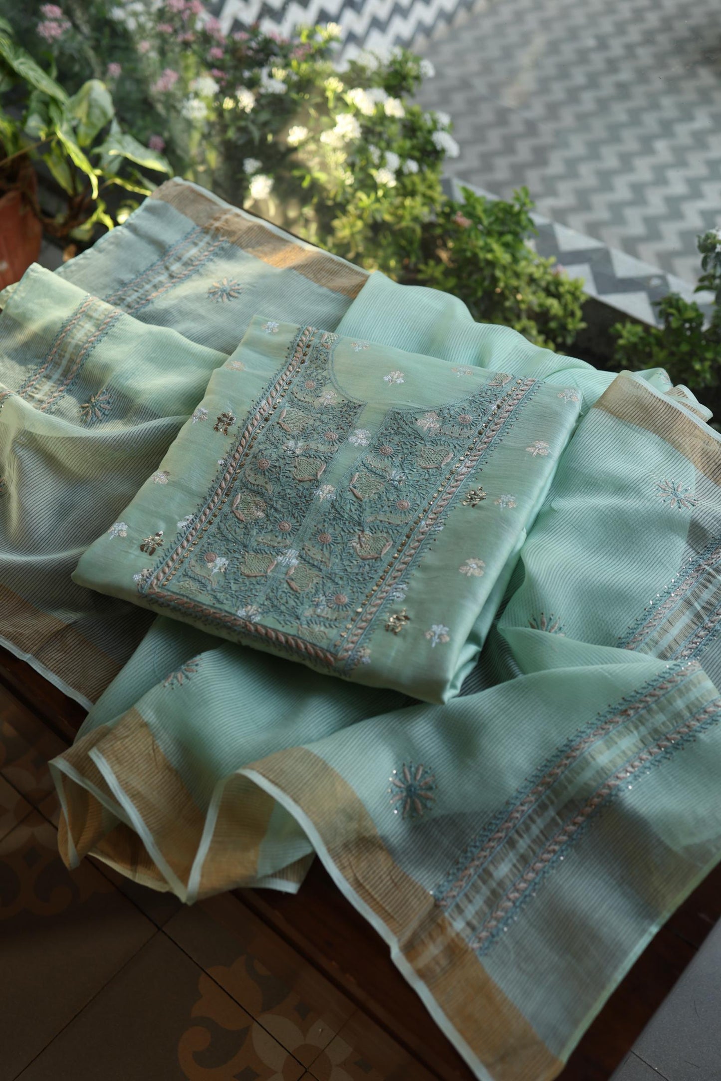 Sea Green Shade Zari Booti Fine Chikankari With Kamdani Work Unstitched Fabric