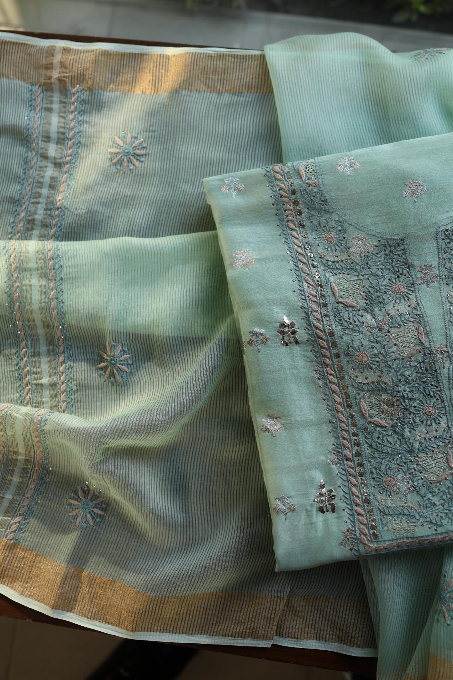 Sea Green Shade Zari Booti Fine Chikankari With Kamdani Work Unstitched Fabric