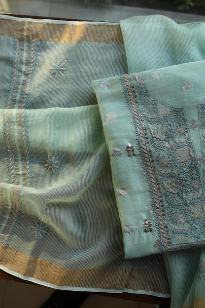 Sea Green Shade Zari Booti Fine Chikankari With Kamdani Work Unstitched Fabric