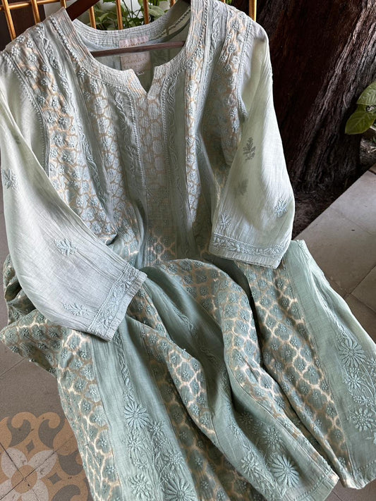 Sea Green Shade Zari Chanderi Chikankari Ready to Wear Tunics