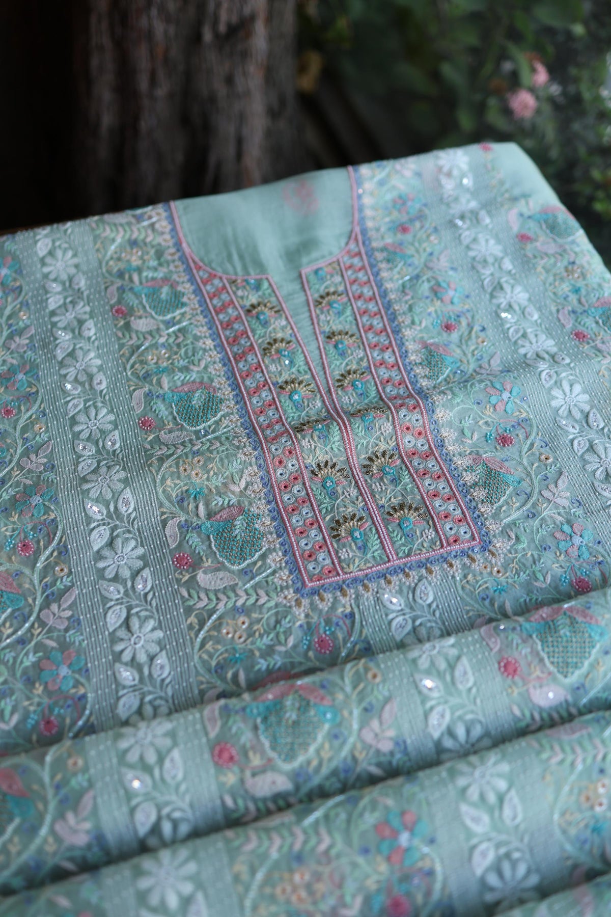 Sea Green Suit Set with Intricate Parsi Resham Embroidery & Sequin Work