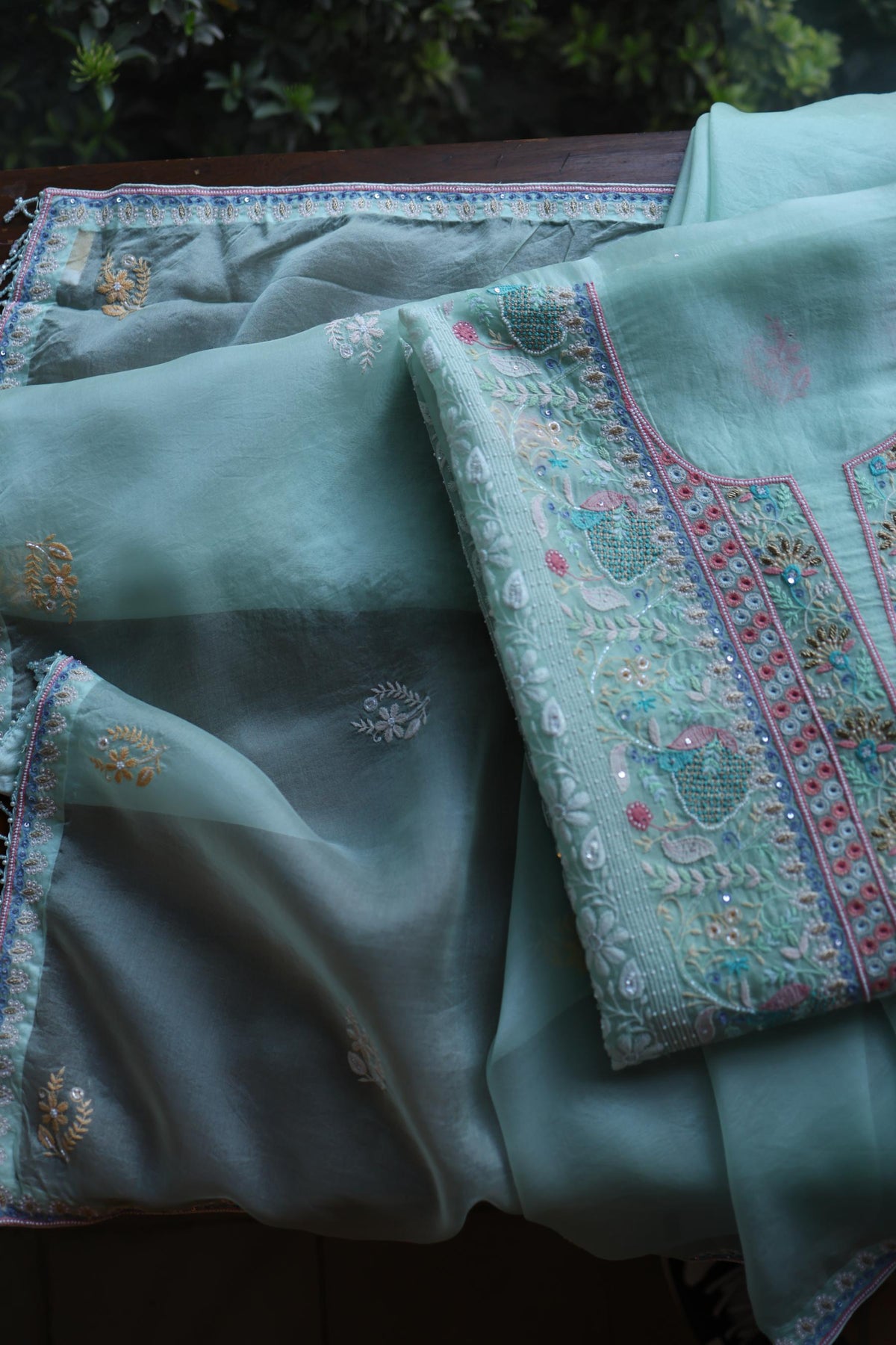 Sea Green Suit Set with Intricate Parsi Resham Embroidery & Sequin Work