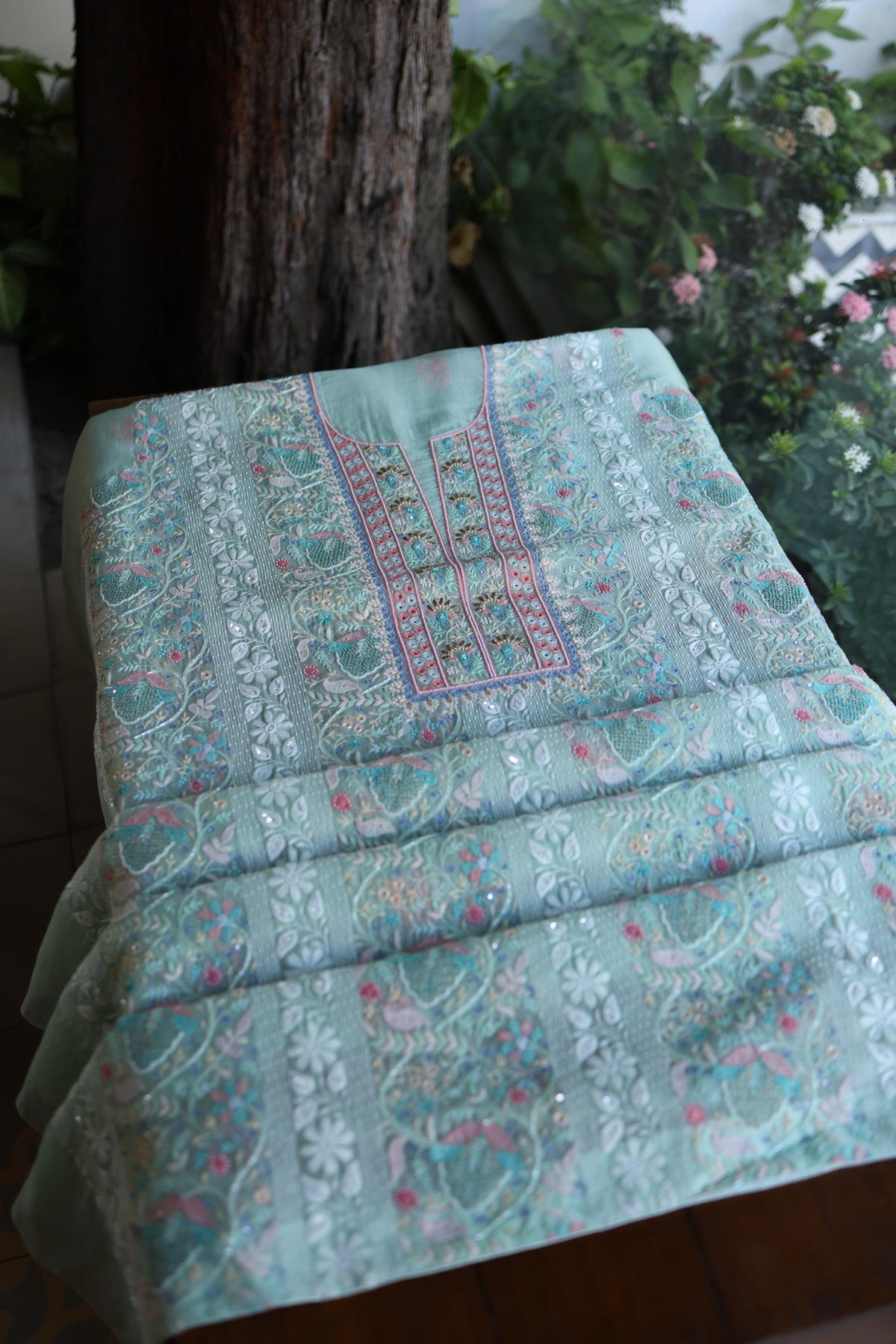 Sea Green Suit Set with Intricate Parsi Resham Embroidery & Sequin Work