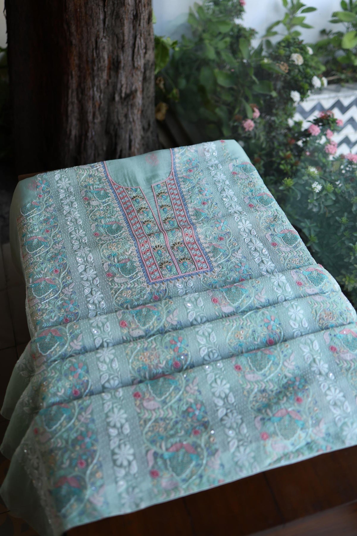 Sea Green Suit Set with Intricate Parsi Resham Embroidery & Sequin Work