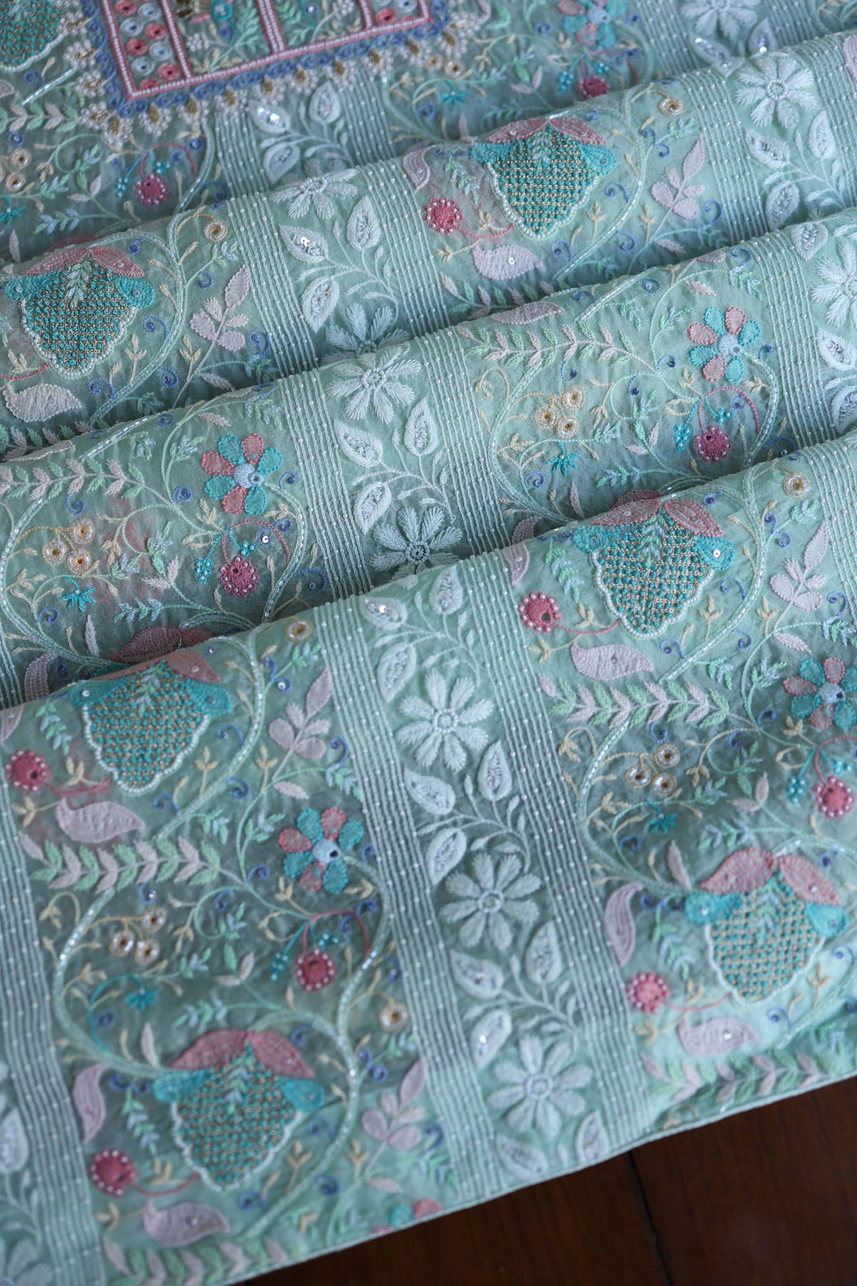 Sea Green Suit Set with Intricate Parsi Resham Embroidery & Sequin Work