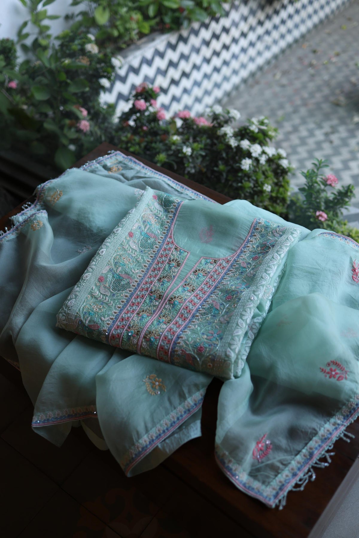 Sea Green Suit Set with Intricate Parsi Resham Embroidery & Sequin Work