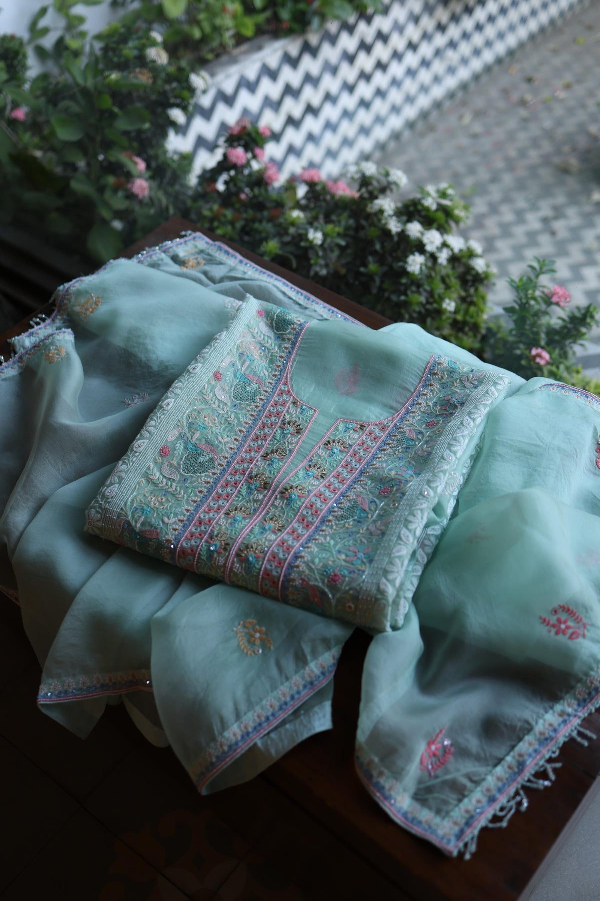 Sea Green Suit Set with Intricate Parsi Resham Embroidery & Sequin Work