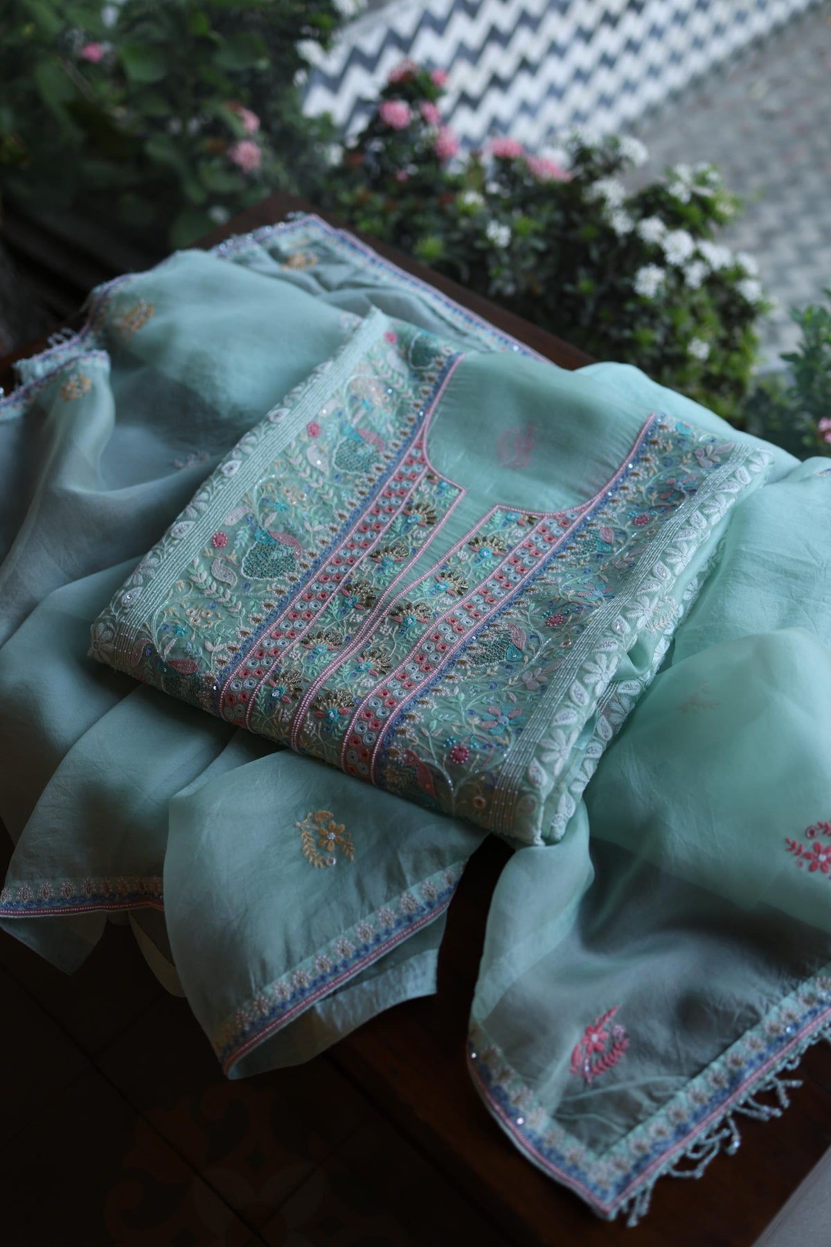 Sea Green Suit Set with Intricate Parsi Resham Embroidery & Sequin Work