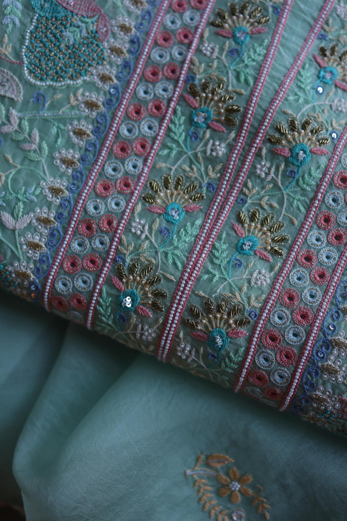 Sea Green Suit Set with Intricate Parsi Resham Embroidery & Sequin Work