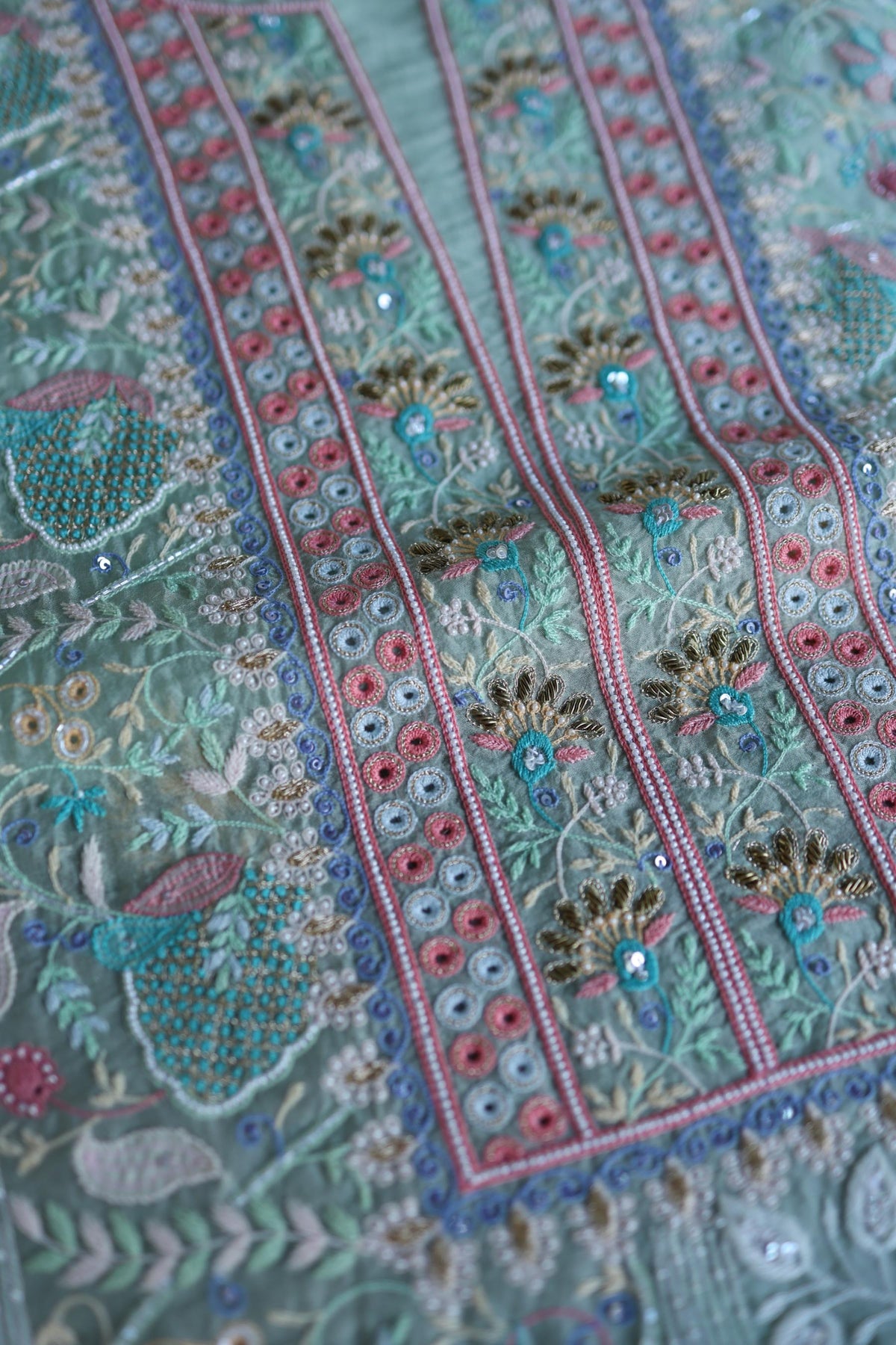 Sea Green Suit Set with Intricate Parsi Resham Embroidery & Sequin Work