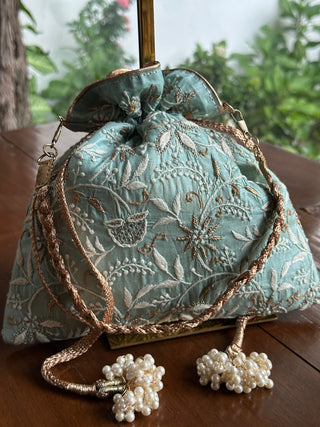 Sea Green Tussar Silk Chikankari Ari & Kasab Work Potli Bag