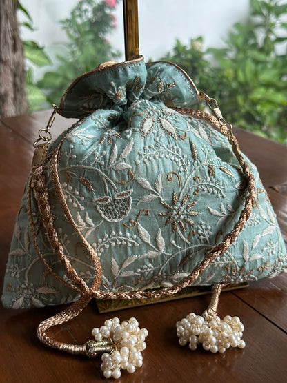 Sea Green Tussar Silk Chikankari Ari & Kasab Work Potli Bag