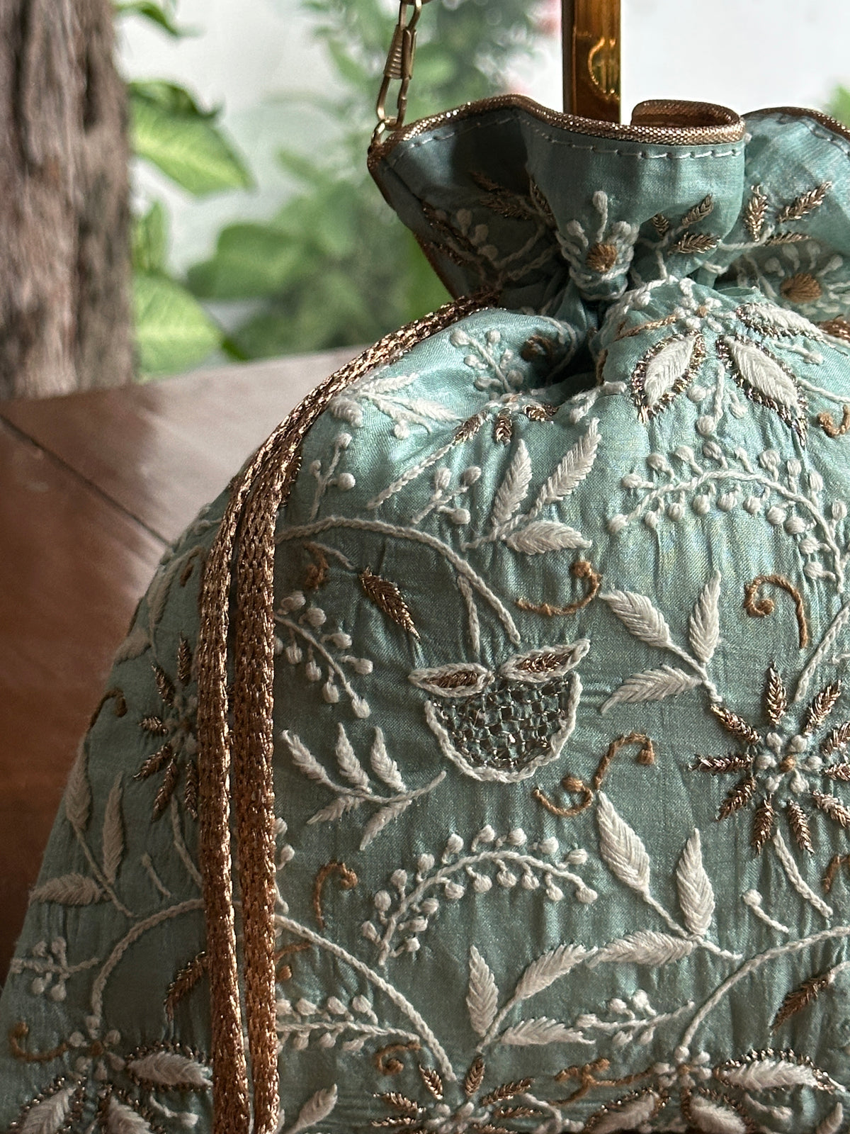 Sea Green Tussar Silk Chikankari Ari & Kasab Work Potli Bag