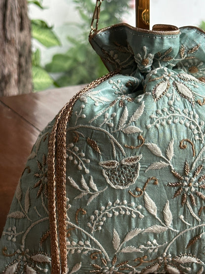 Sea Green Tussar Silk Chikankari Ari & Kasab Work Potli Bag