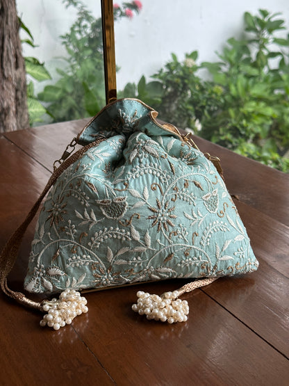 Sea Green Tussar Silk Chikankari Ari & Kasab Work Potli Bag