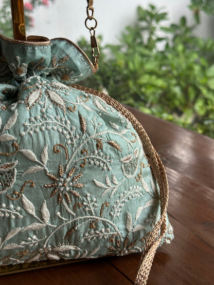 Sea Green Tussar Silk Chikankari Ari & Kasab Work Potli Bag