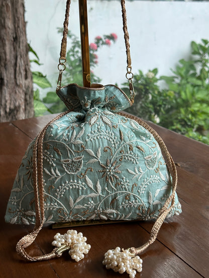 Sea Green Tussar Silk Chikankari Ari & Kasab Work Potli Bag