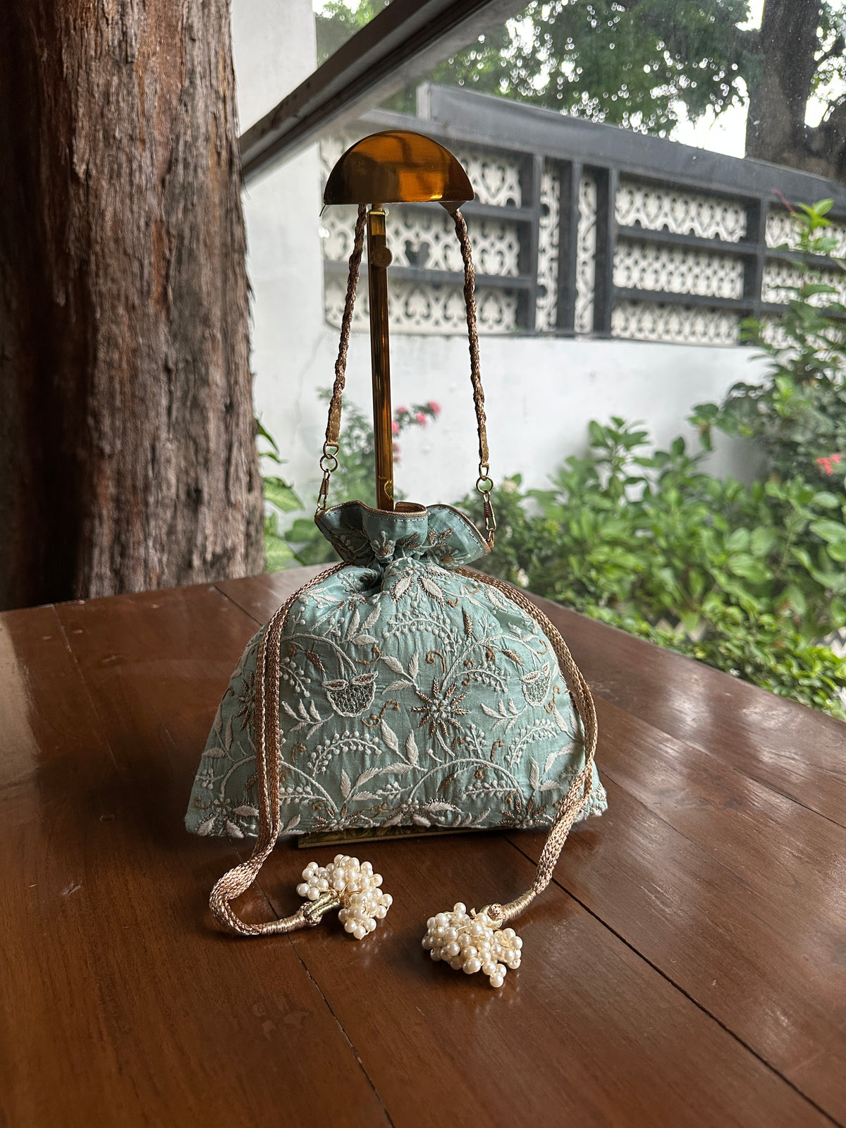 Sea Green Tussar Silk Chikankari Ari & Kasab Work Potli Bag
