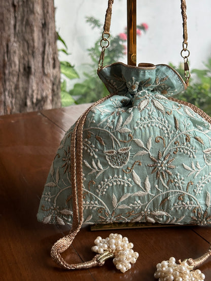 Sea Green Tussar Silk Chikankari Ari & Kasab Work Potli Bag