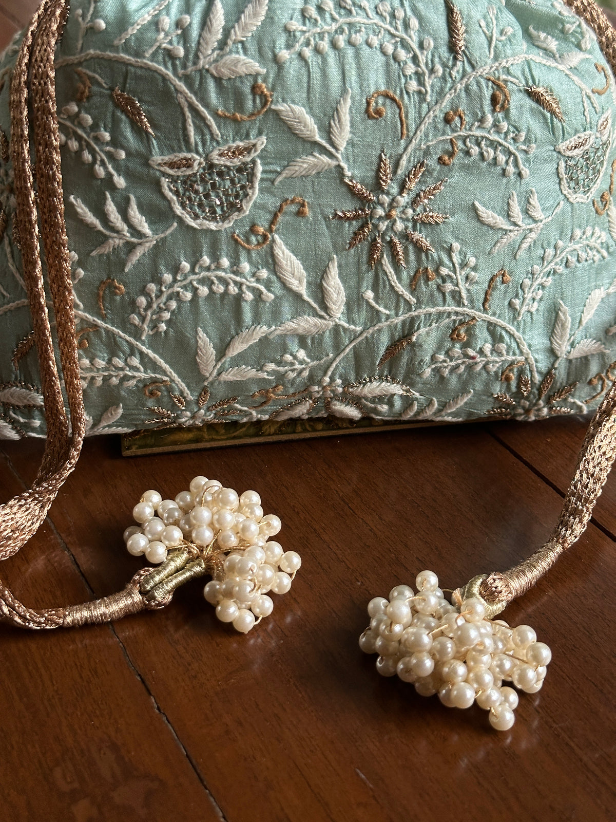 Sea Green Tussar Silk Chikankari Ari & Kasab Work Potli Bag