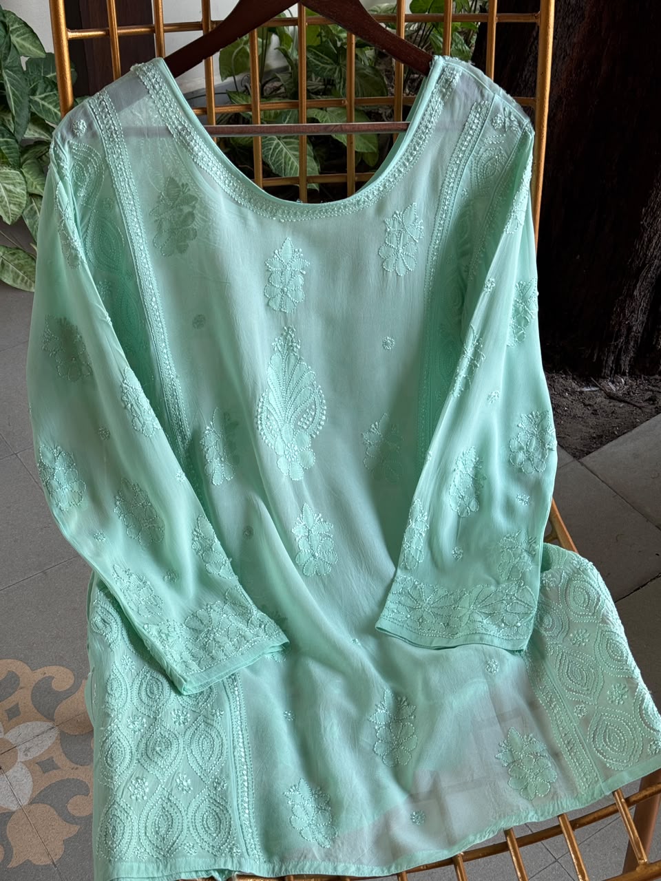 Sea Green Viscose Georgette Shadow Work Chikankari Short A-Line Kurti