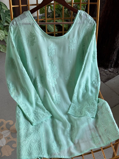 Sea Green Viscose Georgette Shadow Work Chikankari Short A-Line Kurti