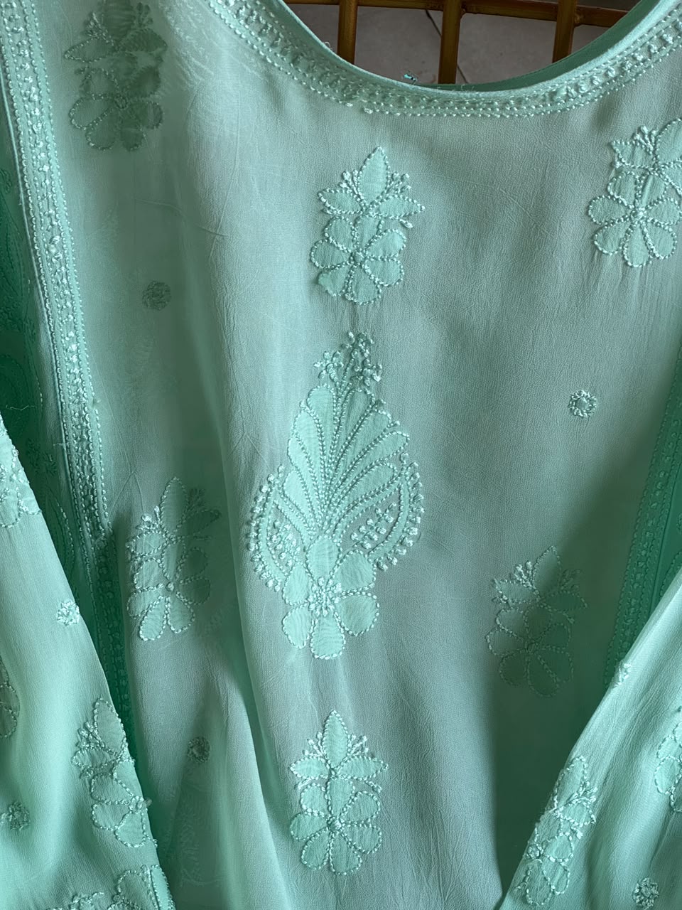Sea Green Viscose Georgette Shadow Work Chikankari Short A-Line Kurti
