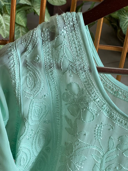 Sea Green Viscose Georgette Shadow Work Chikankari Short A-Line Kurti