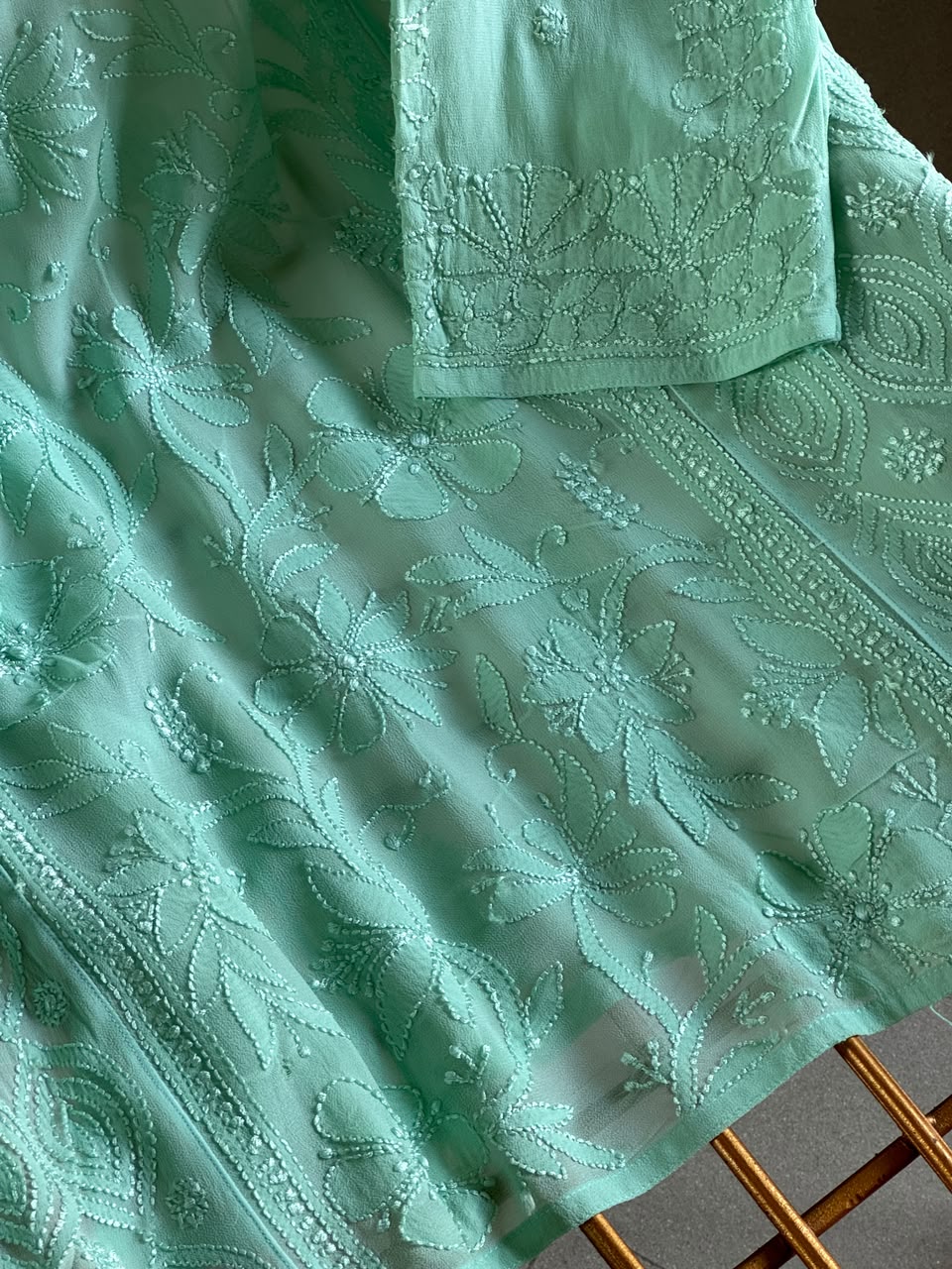 Sea Green Viscose Georgette Shadow Work Chikankari Short A-Line Kurti