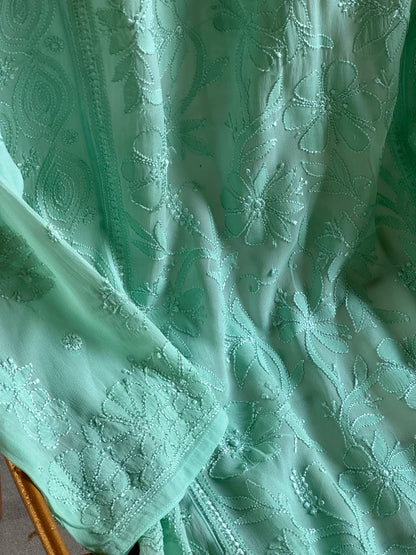Sea Green Viscose Georgette Shadow Work Chikankari Short A-Line Kurti