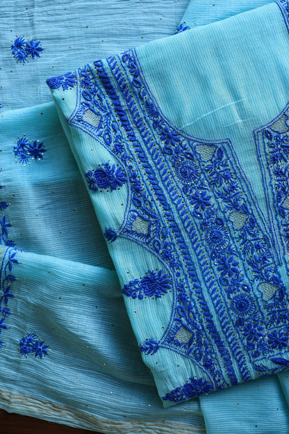 Sea Green & Blue Mal Cotton Fine Chikankari Unstitched Fabric