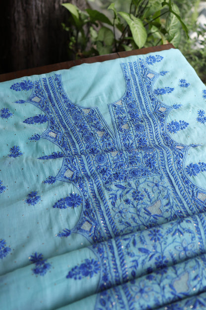 Sea Green & Blue Mal Cotton Fine Chikankari Unstitched Fabric