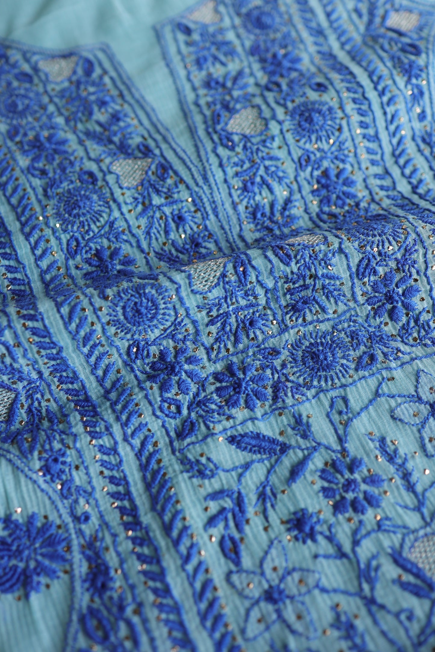 Sea Green & Blue Mal Cotton Fine Chikankari Unstitched Fabric