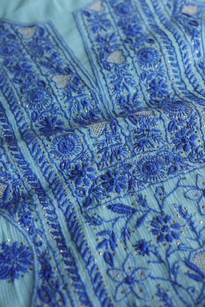 Sea Green & Blue Mal Cotton Fine Chikankari Unstitched Fabric