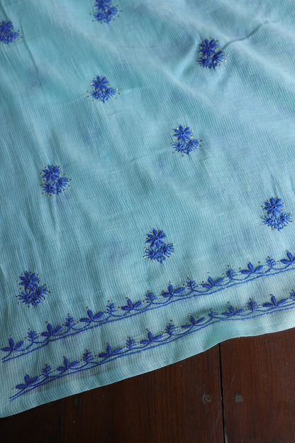Sea Green & Blue Mal Cotton Fine Chikankari Unstitched Fabric