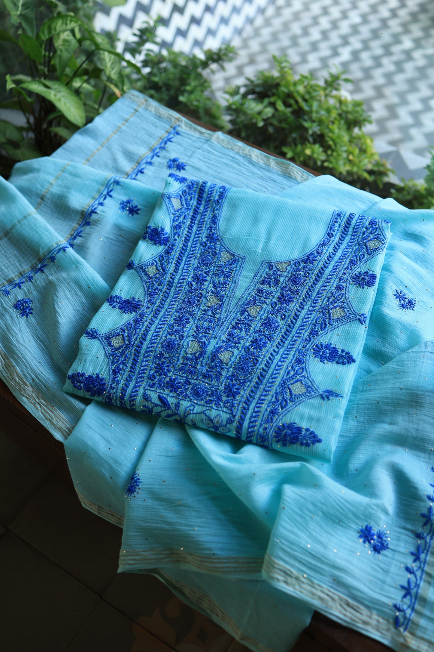 Sea Green & Blue Mal Cotton Fine Chikankari Unstitched Fabric