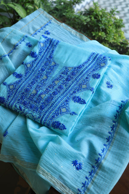 Sea Green & Blue Mal Cotton Fine Chikankari Unstitched Fabric