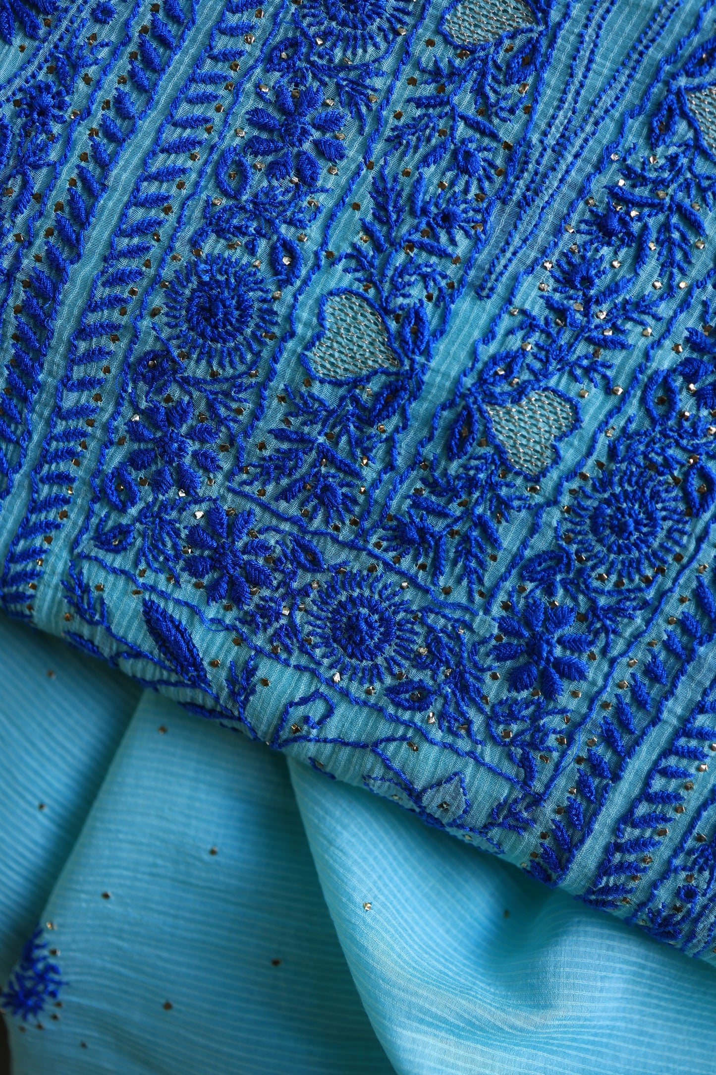 Sea Green & Blue Mal Cotton Fine Chikankari Unstitched Fabric